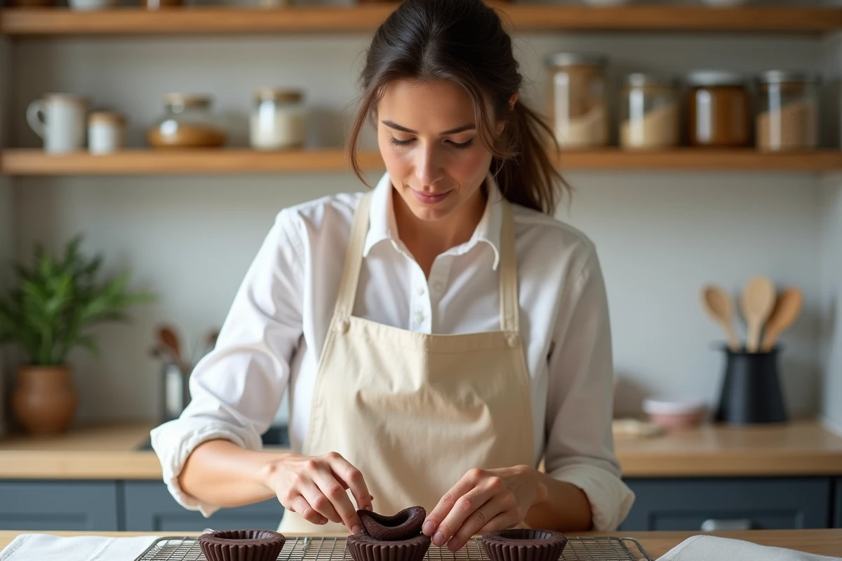 Femme démoulant un fondant au chocolat sans sucre raffiné dans une cuisine maison avec des ingrédients naturels visibles