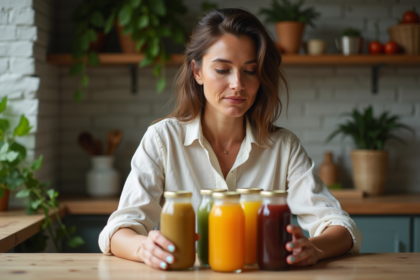 Femme examinant des jus detox colorés à la maison