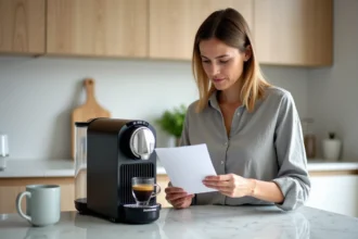 Femme consultant le manuel d'entretien de sa machine Nespresso Magimix dans une cuisine moderne