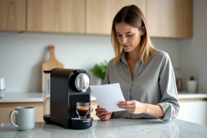 Femme consultant le manuel d'entretien de sa machine Nespresso Magimix dans une cuisine moderne