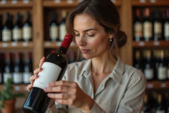 Femme examinant l'étiquette d'une bouteille de sauvignon franc dans une cave à vins