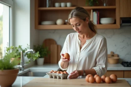 Femme examinant un œuf dans la cuisine lumineuse