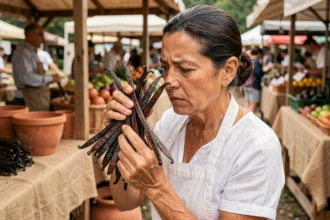 Femme examinant des gousses de vanille sur un marché pour détecter une arnaque sur le prix au kilo