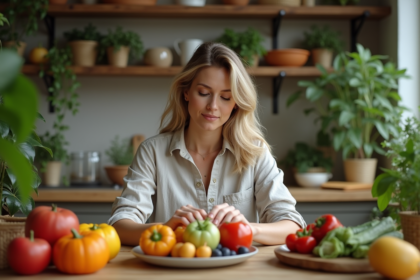 Femme arrangeant fruits et légumes dans la cuisine