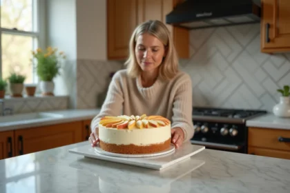 Femme élégante disposant des tranches de pomme sur un gâteau au yogourt