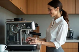 Jeune femme examine la machine à expresso dans la cuisine