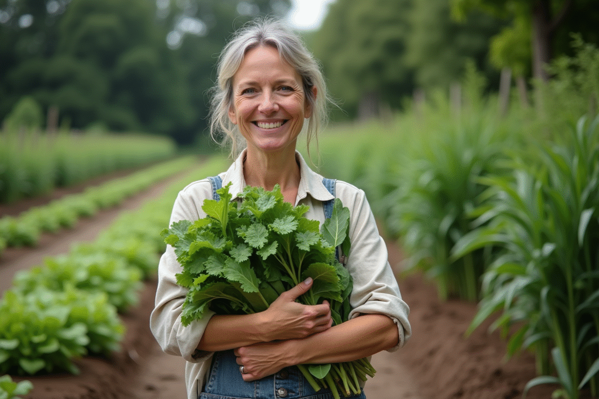Femme souriante tenant des légumes verts dans un jardin