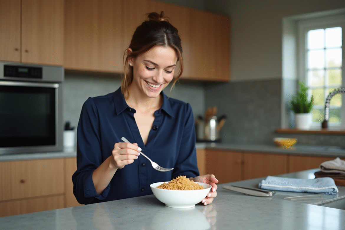 Femme en cuisine dégustant un bol de keto riz