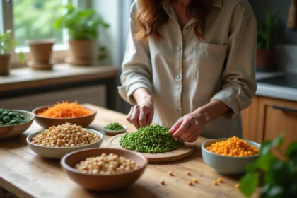 Jeune femme arrangeant légumes riches en protéines sur une table