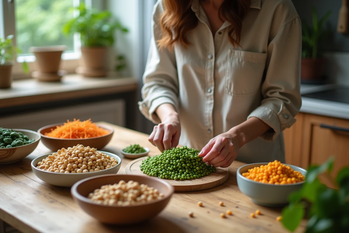 Jeune femme arrangeant légumes riches en protéines sur une table