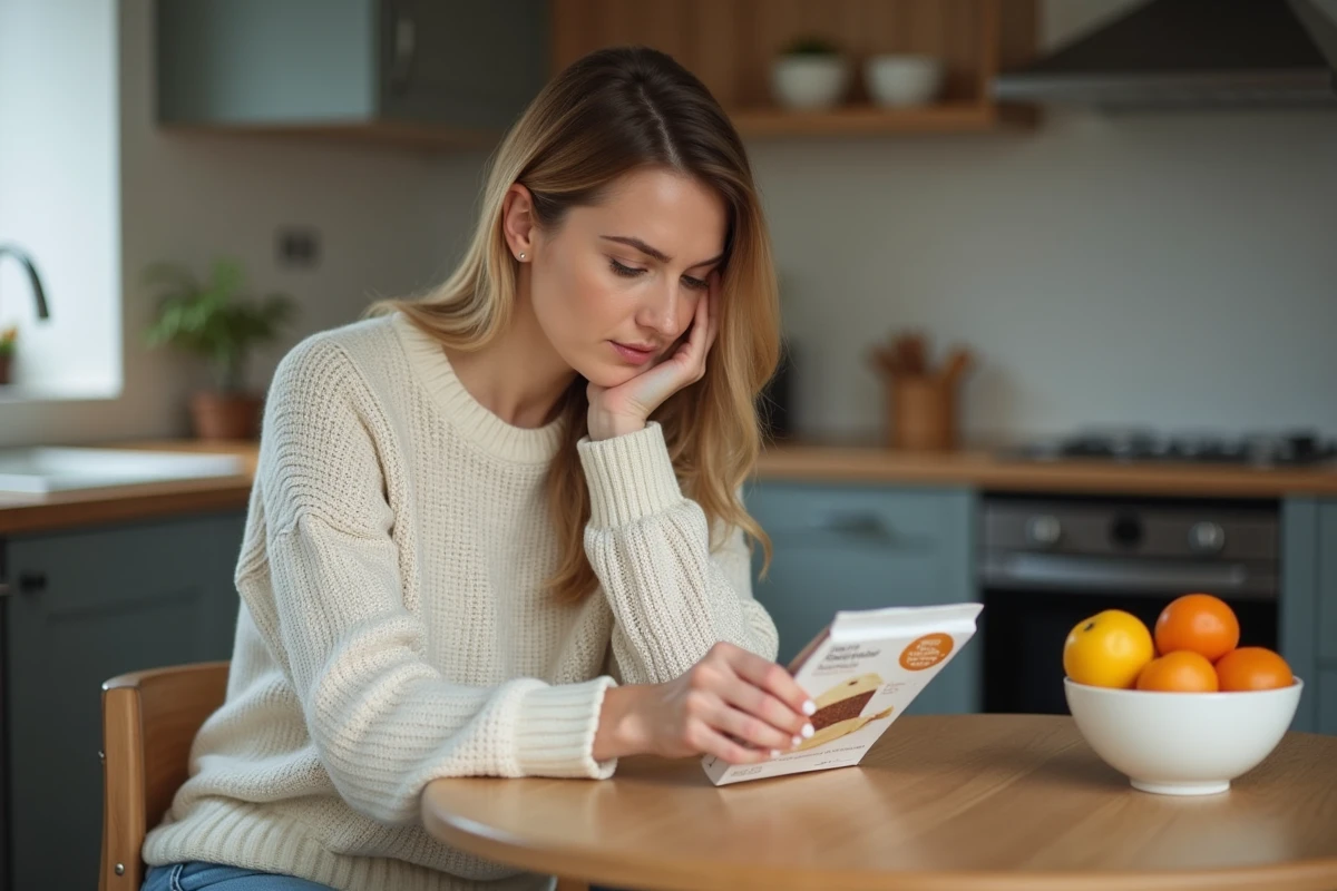 Femme lisant l'étiquette d'un gâteau léger dans une cuisine moderne