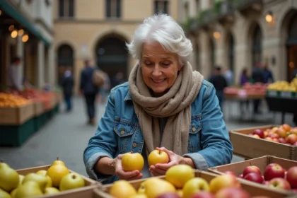 Femme sélectionnant des fruits au marché en plein air