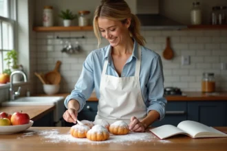 Jeune femme saupoudrant des beignets de pommes frais
