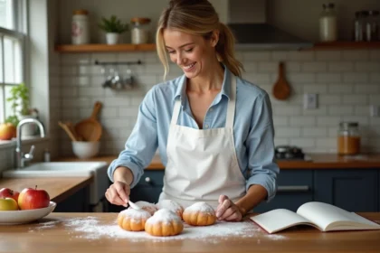 Jeune femme saupoudrant des beignets de pommes frais