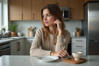 Femme réfléchissant à son petit déjeuner dans une cuisine moderne