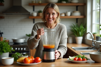Femme en pull laine préparant une soupe maison dans la cuisine