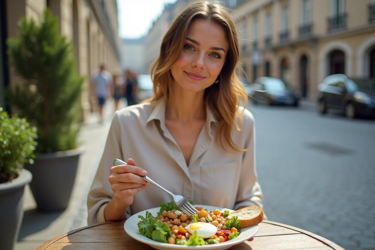 Femme mangeant une salade composée équilibrée en terrasse urbaine lors d'une pause déjeuner