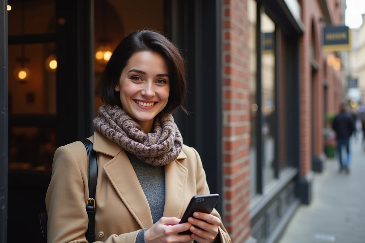 Femme souriante avec confirmation de reservation devant un restaurant à Lille