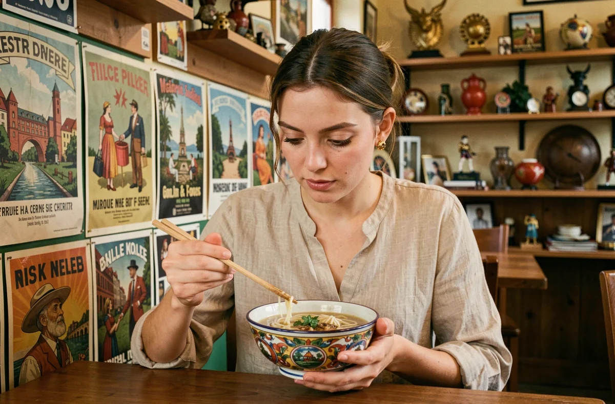 Jeune femme dégustant un ramen dans un restaurant insolite et éclectique de Lille