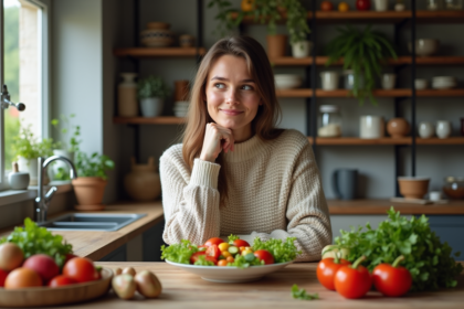 Jeune femme préparant une salade dans une cuisine chaleureuse