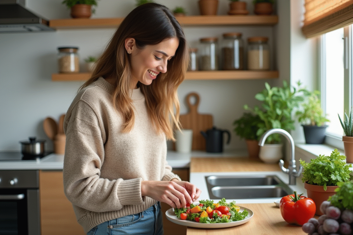 Femme préparant une salade colorée dans une cuisine moderne