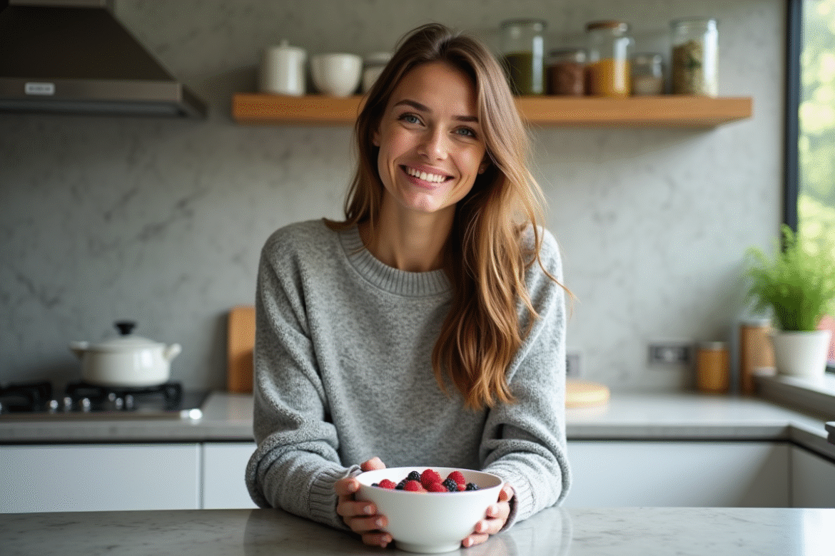 Femme souriante dégustant un bol de fruits et yaourt dans la cuisine