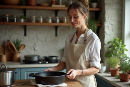 Femme essuyant un set de poeles en fonte dans une cuisine chaleureuse