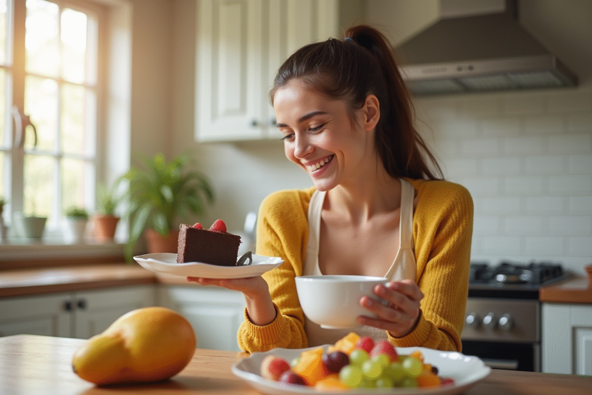 Femme souriante choisissant entre salade de fruits et gâteau au chocolat