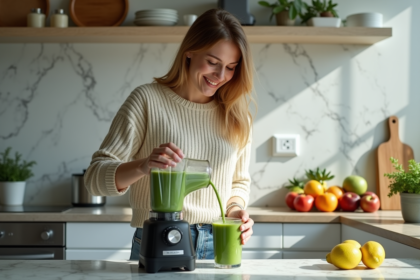 Jeune femme versant un smoothie vert dans une cuisine lumineuse