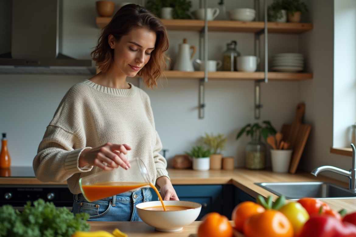 Femme versant soupe dans un bol en cuisine moderne