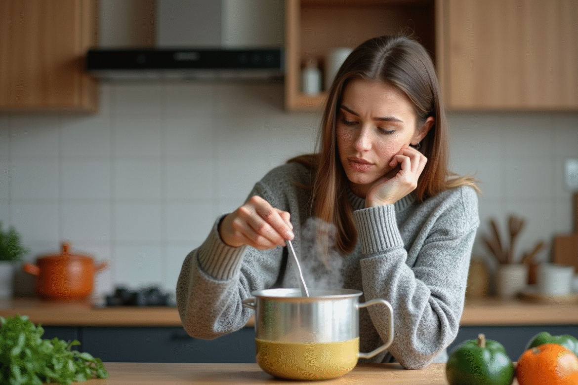Femme versant soupe de légumes maison dans un blender