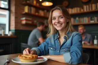 Jeune femme souriante avec un pie australien au café