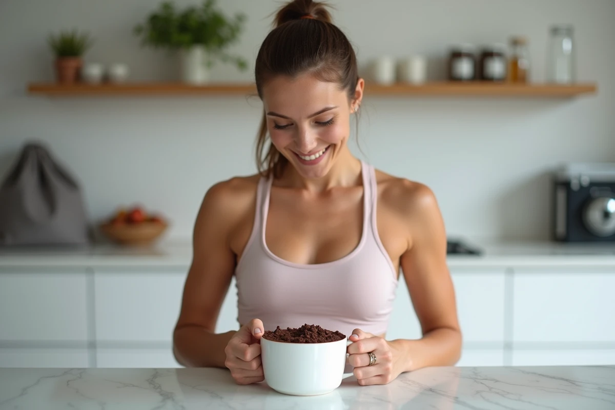 Femme sportive tenant un mug cake protéiné au chocolat sans oeuf après l'entraînement dans une cuisine moderne