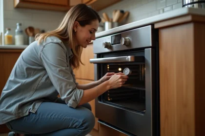Femme vérifiant la température du four dans une cuisine chaleureuse