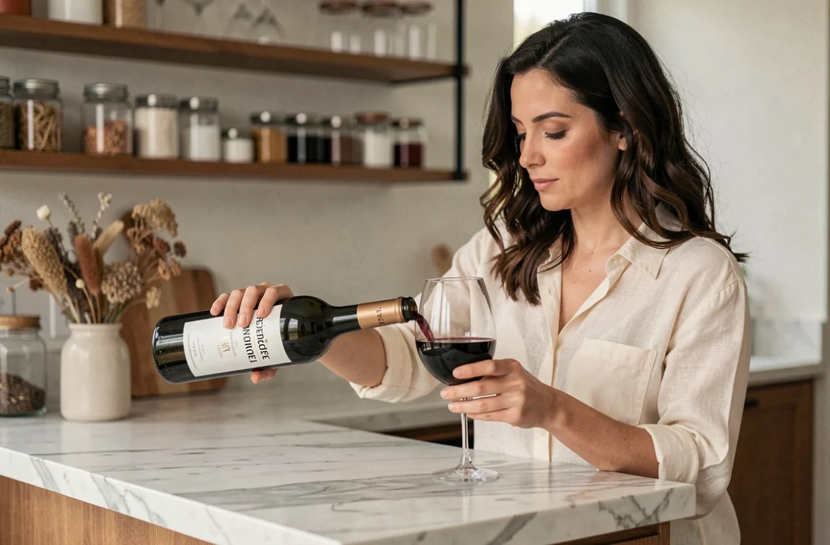 Femme versant un verre de vin Fondaudège à son bar maison sur comptoir en marbre