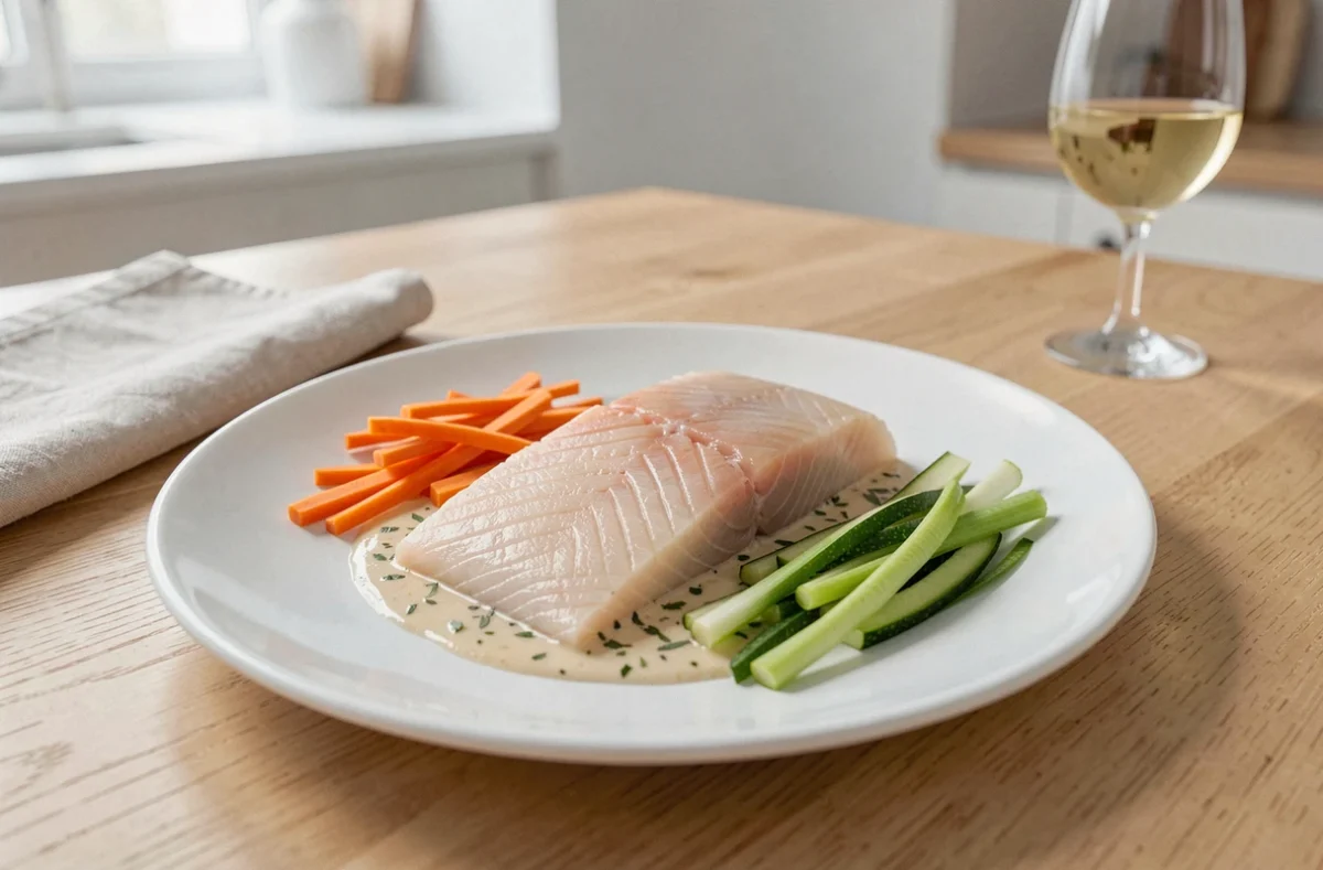 Filet de julienne express dressé sur une assiette blanche avec des légumes juliennés et une sauce aux herbes légères pour un dîner de semaine