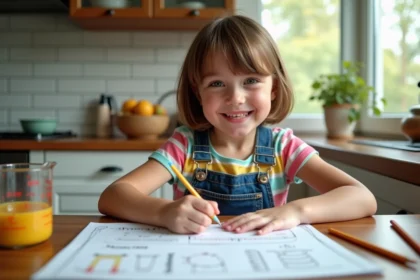 Jeune fille souriante en cuisine avec cahier de mesures
