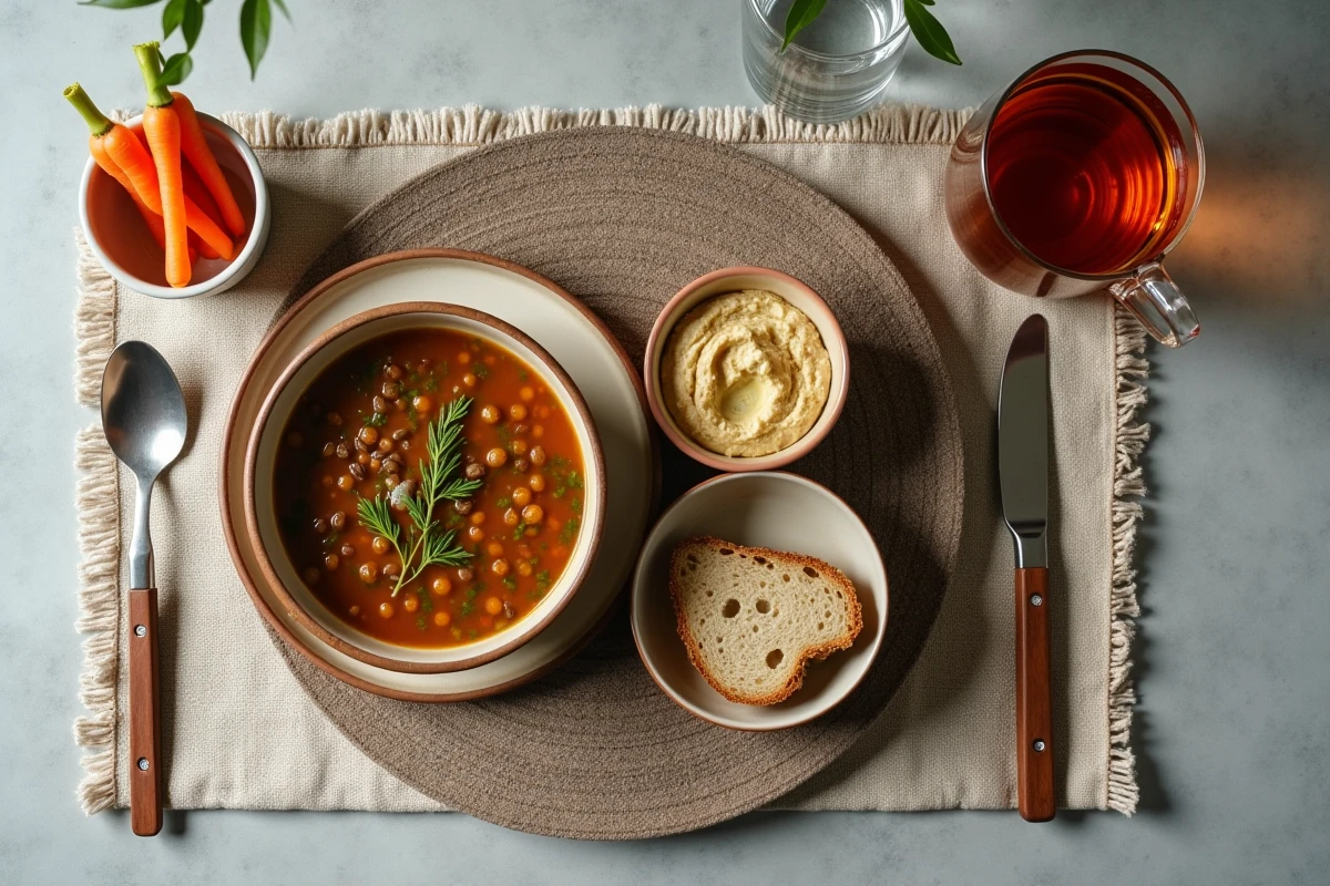 Vue aérienne d'un repas du soir équilibré pour diabétique avec soupe de lentilles, pain complet et légumes crus