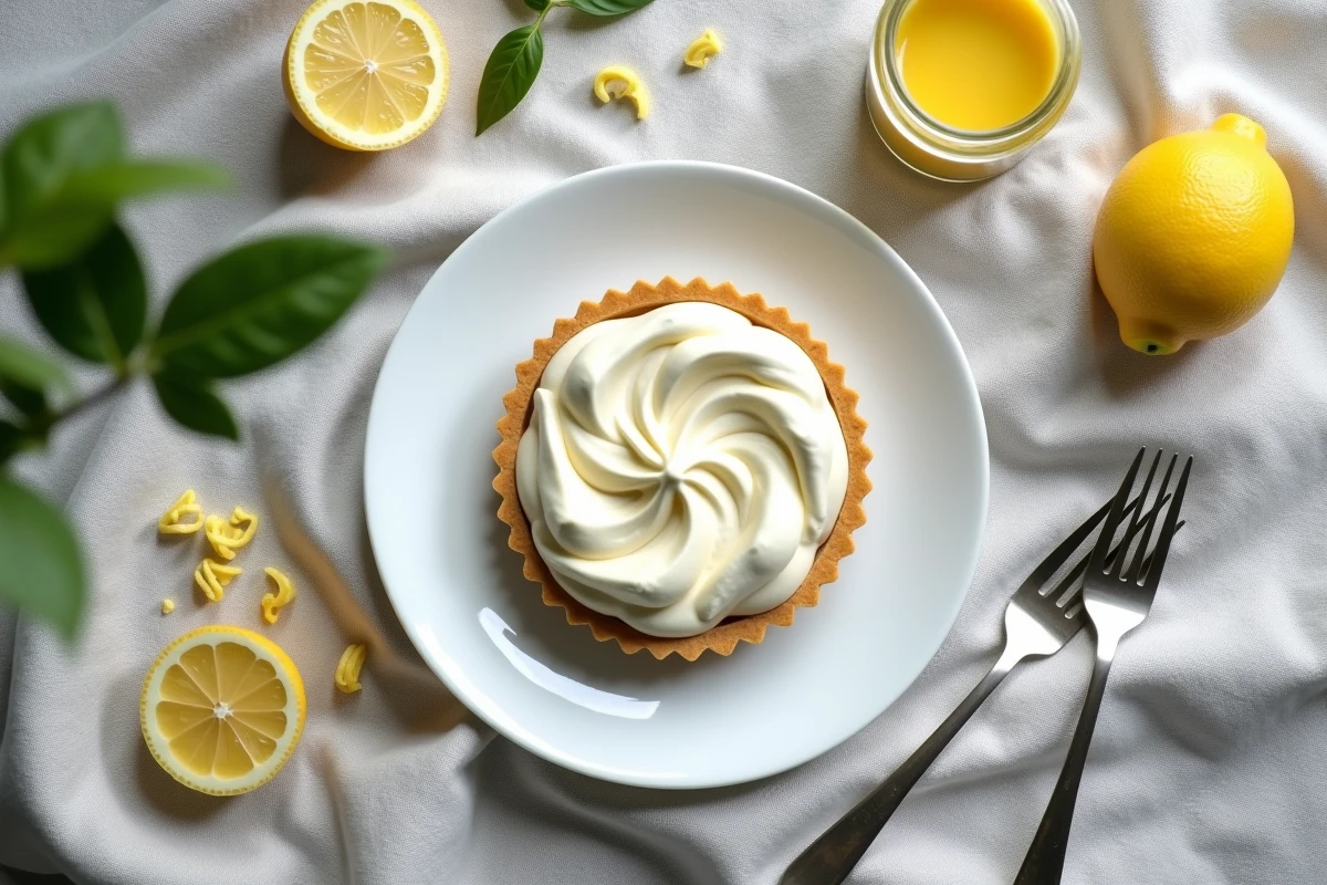 Vue de dessus d'une tarte au citron meringuée sur nappe de lin gris entourée de citrons frais et de zestes pour un article cuisine tendance