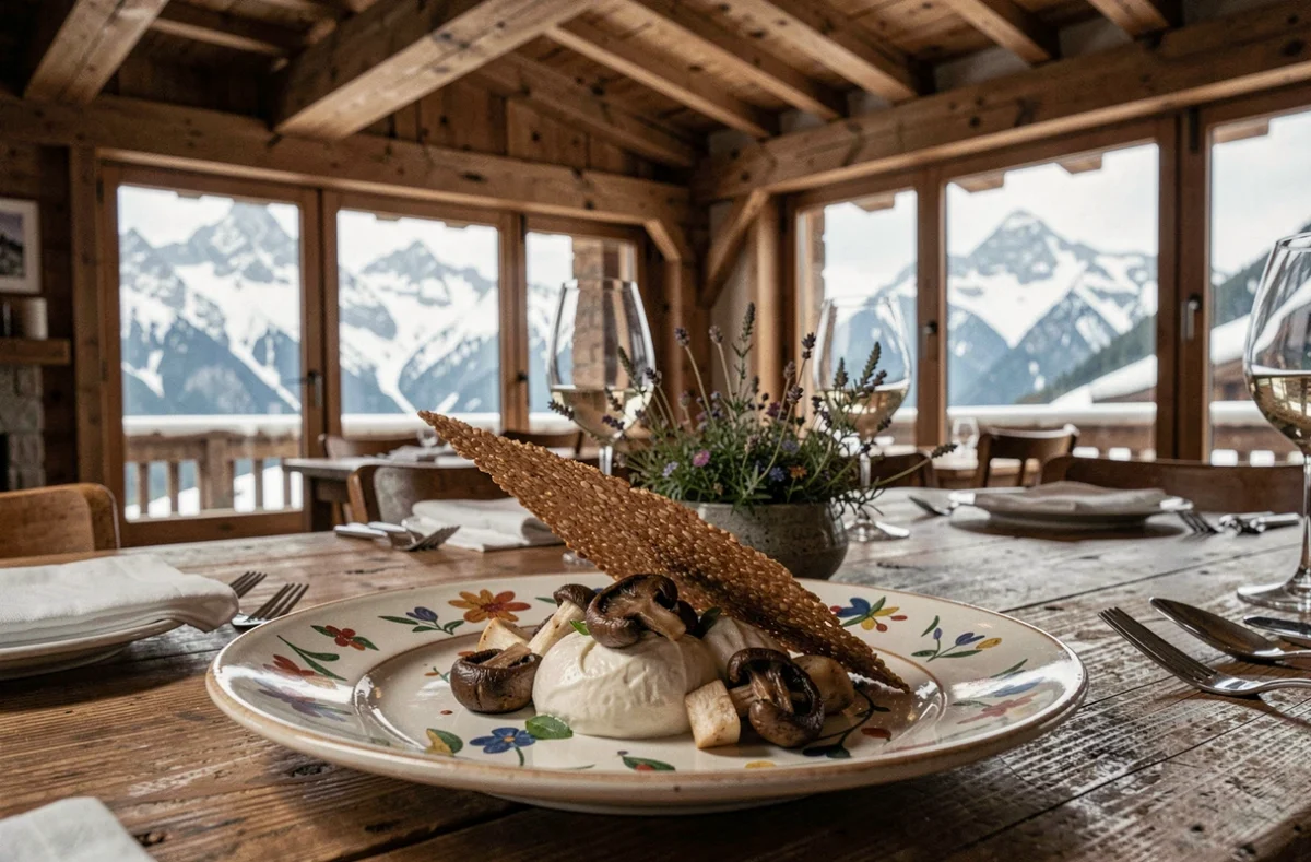 Assiette signature de Flocons de Sel à Megève avec spécialités alpines et vue sur les montagnes