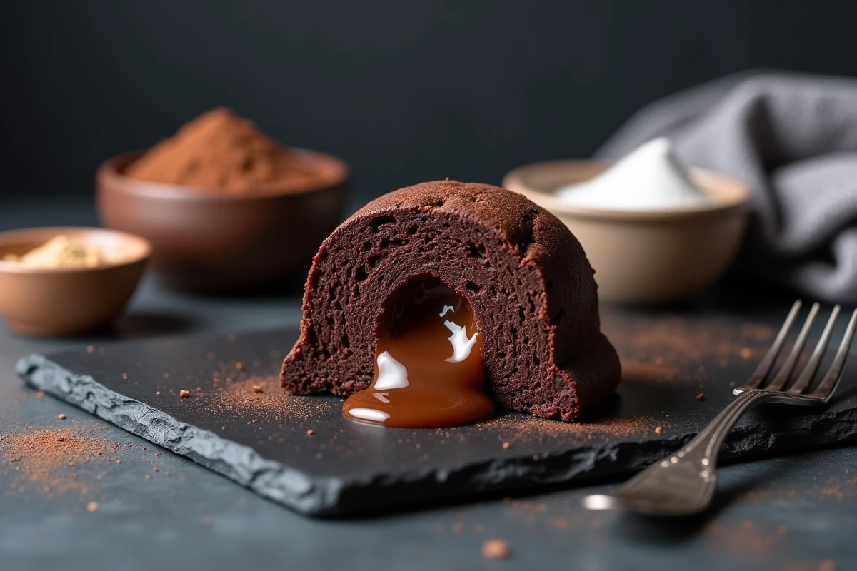 Fondant au chocolat coupé en deux sur une ardoise révélant un cœur coulant avec des ingrédients naturels sans sucre raffiné