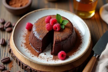 Fondant au chocolat sans sucre raffiné vu de dessus sur une assiette en céramique blanche avec framboises et poudre de cacao