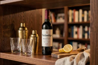 Bouteille de Fondaudège en vedette sur un bar à la maison avec verres en cristal et shaker vintage