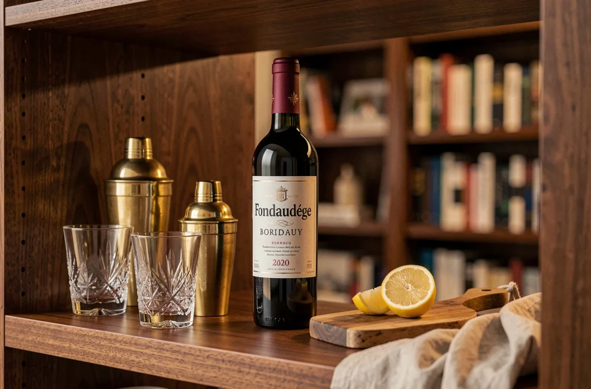 Bouteille de Fondaudège en vedette sur un bar à la maison avec verres en cristal et shaker vintage