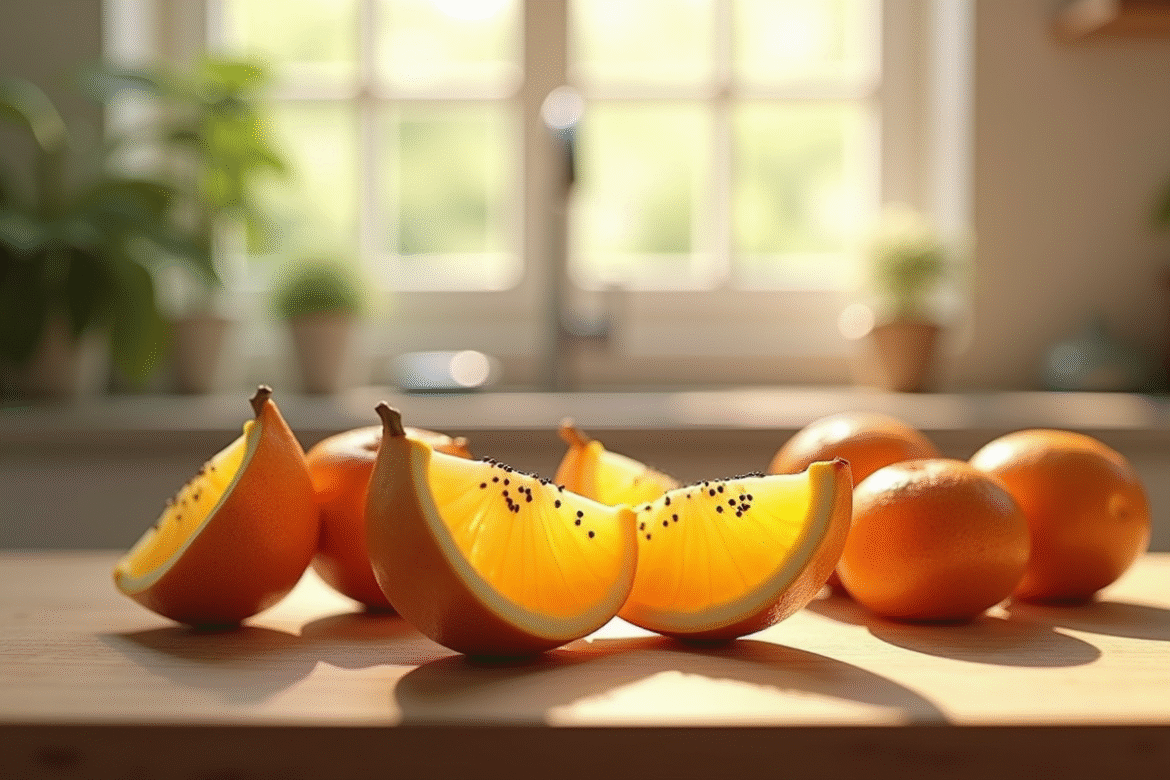 Fruits exotiques tranchés sur plan de cuisine lumineux