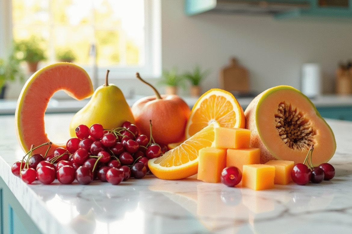 Arrangement coloré de fruits frais commençant par C
