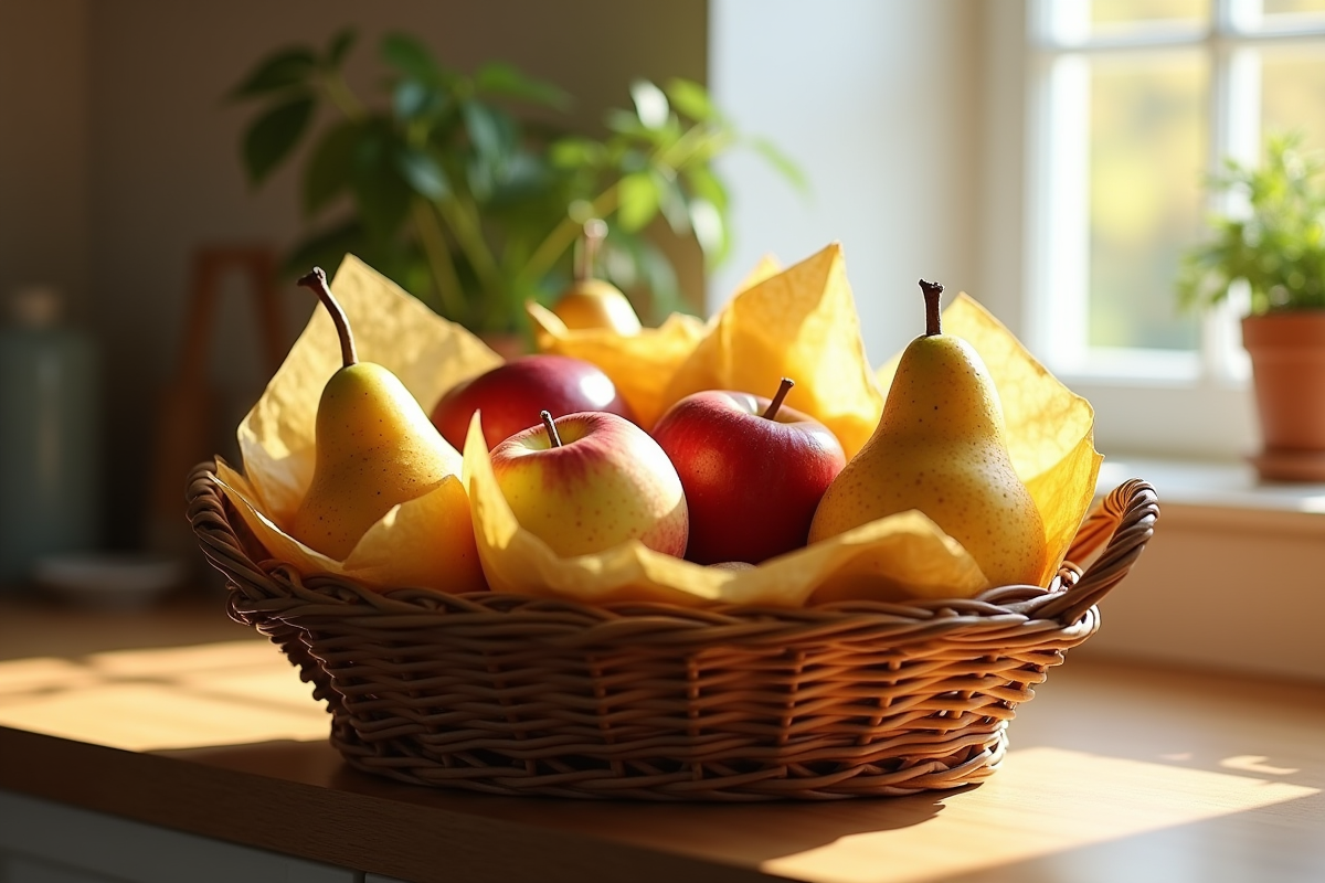 Fruits comme poires pommes et raisins dans un panier en bois