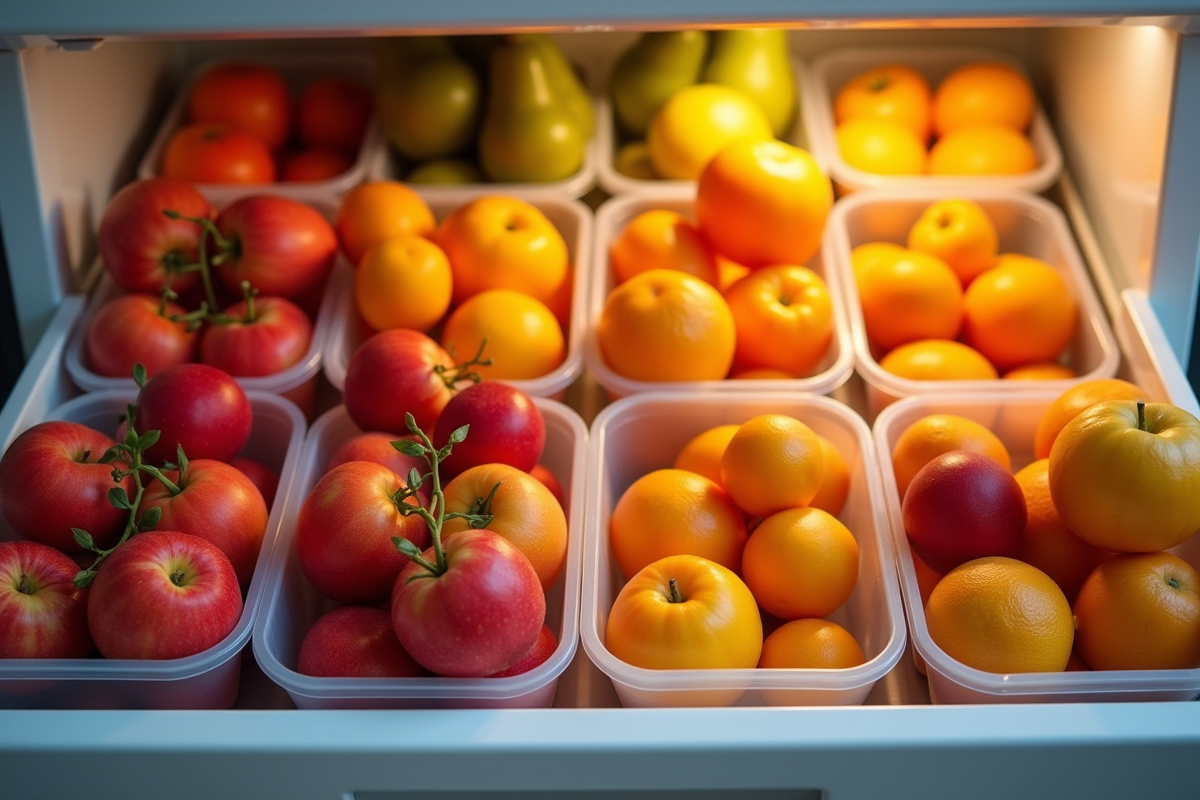 Fruits mûrs stockés dans des contenants en verre dans un tiroir de frigo