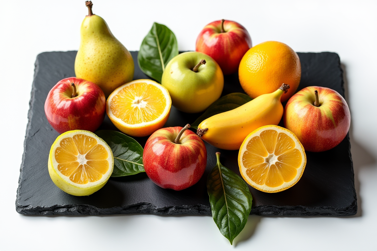 Fruits exotiques entiers et coupés sur assiette sombre