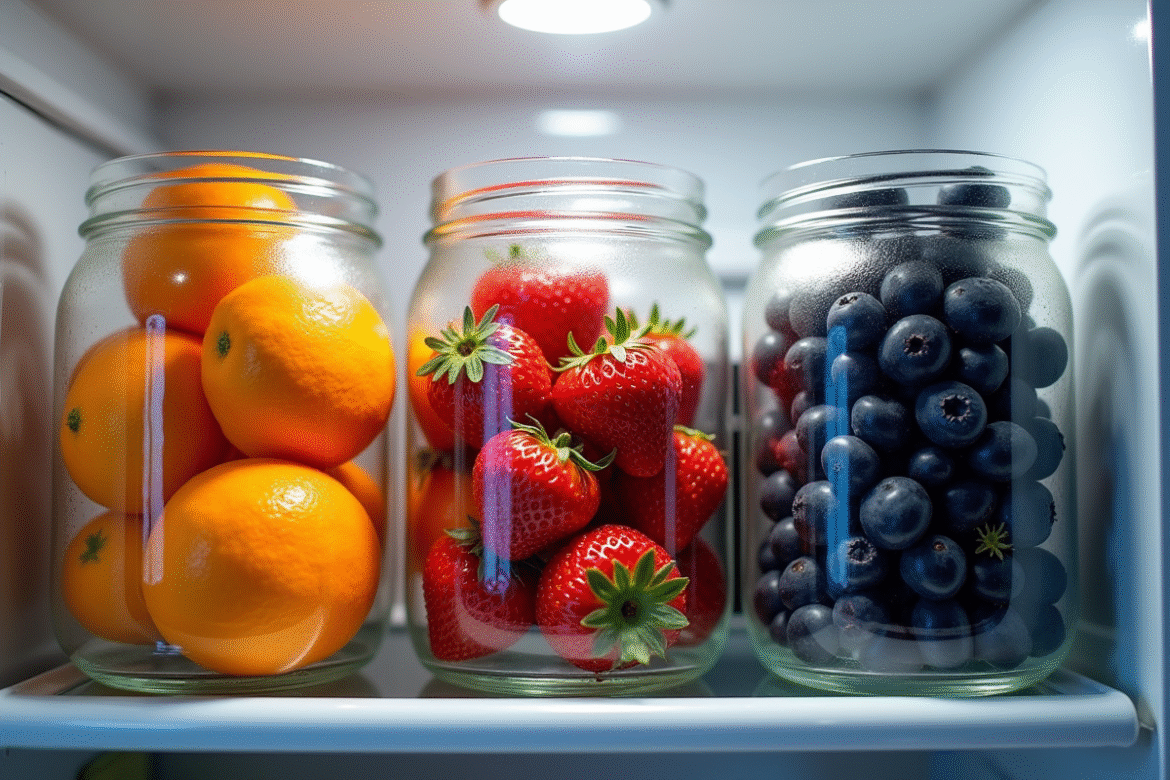 Fruits frais dans des bocaux dans un frigo moderne